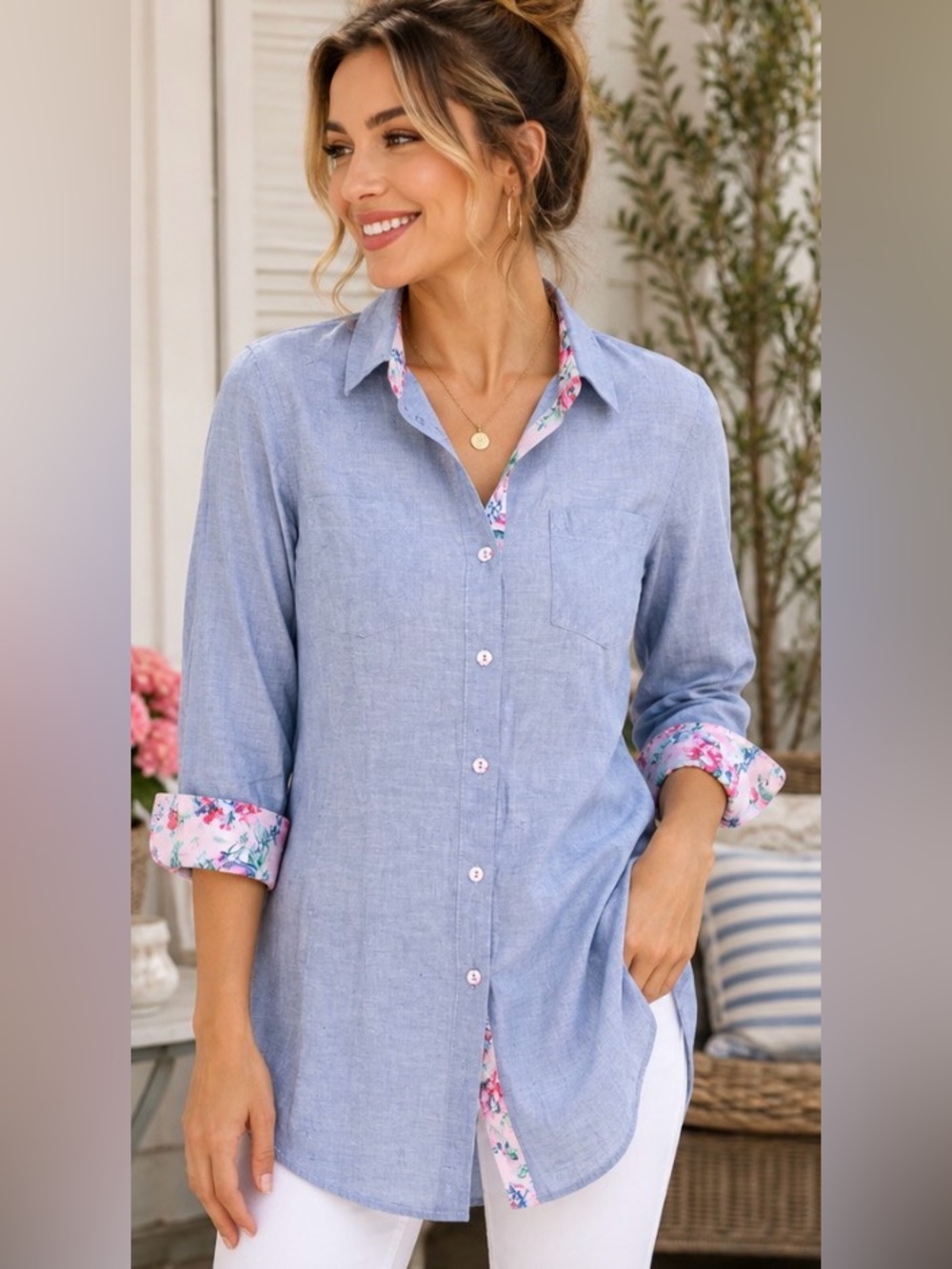 Jane & Bleecker XS blue chambray floral trim longline button-down tunic blouse
